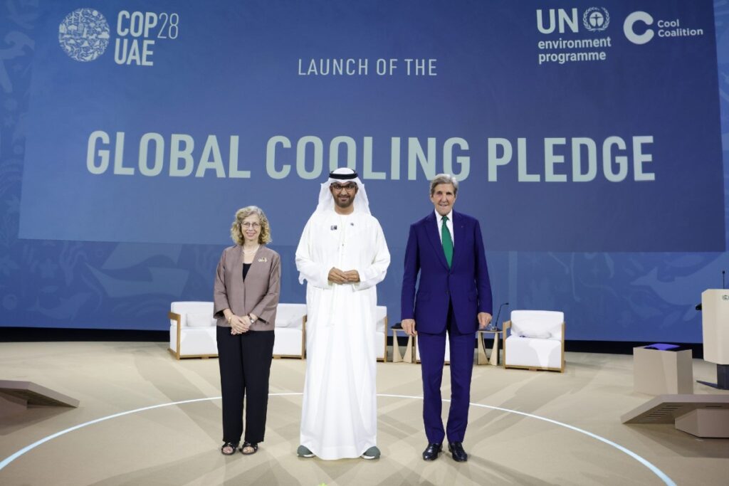 UNEP Director Inger Anderson, COP28 President Dr. Sultan Ahmed Al Jaber, and U.S. Special Presidential Envoy for Climate John Kerry at the launch of the Global Cooling Pledge. (Credit: Cool Coalition)